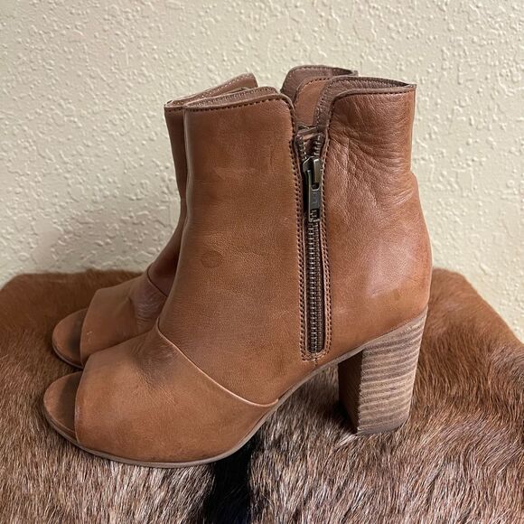 Diba True Womens 7.5 Leather Block Heel Open Toe Ankle Boots Brown Anthropologie - Picture 1 of 7